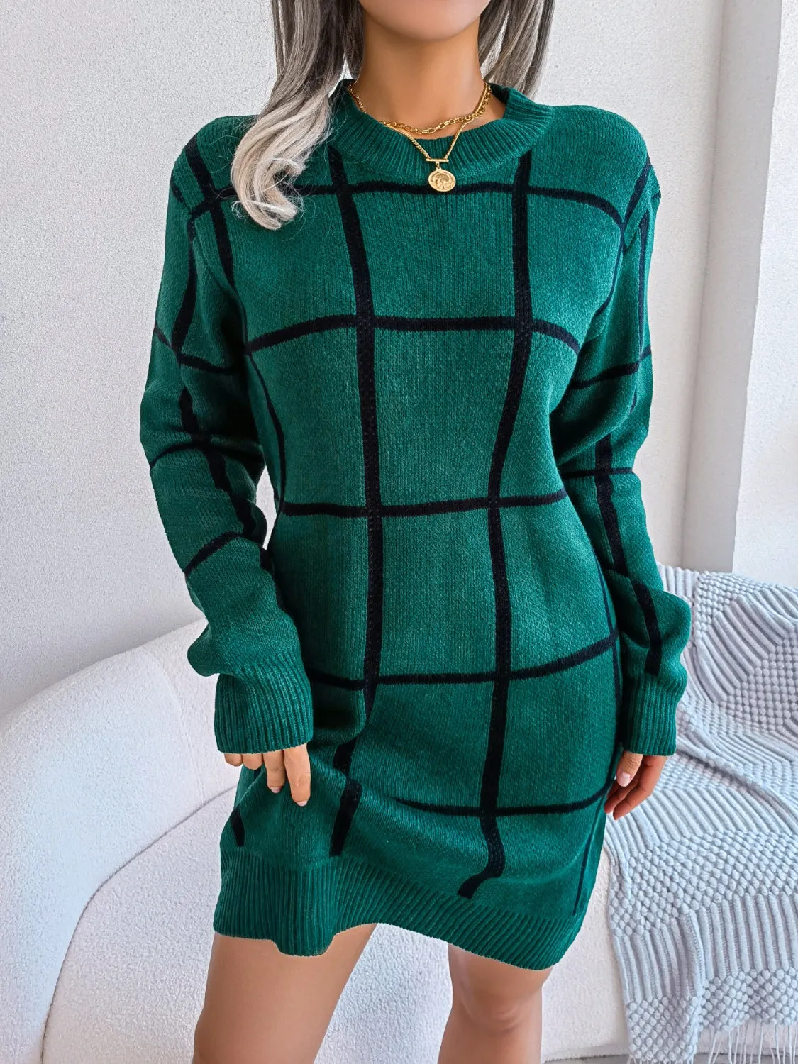 Maisie Plaid Round Neck Dropped Shoulder Sweater Dress