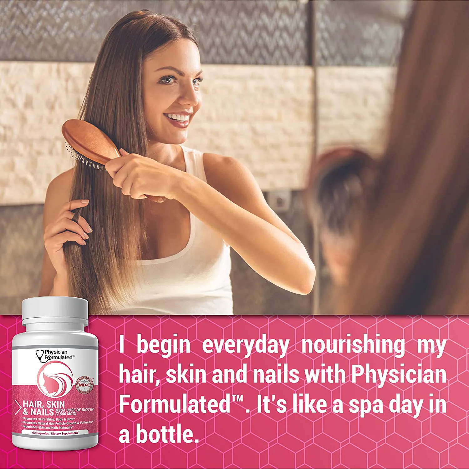 Physician Formulated Healthy Hair Skin and Nails Vitamins for Men and Women - 7500 Mcg Biotin, Amino Acids, Collagen and Hyaluronic Acid - 60 Capsules