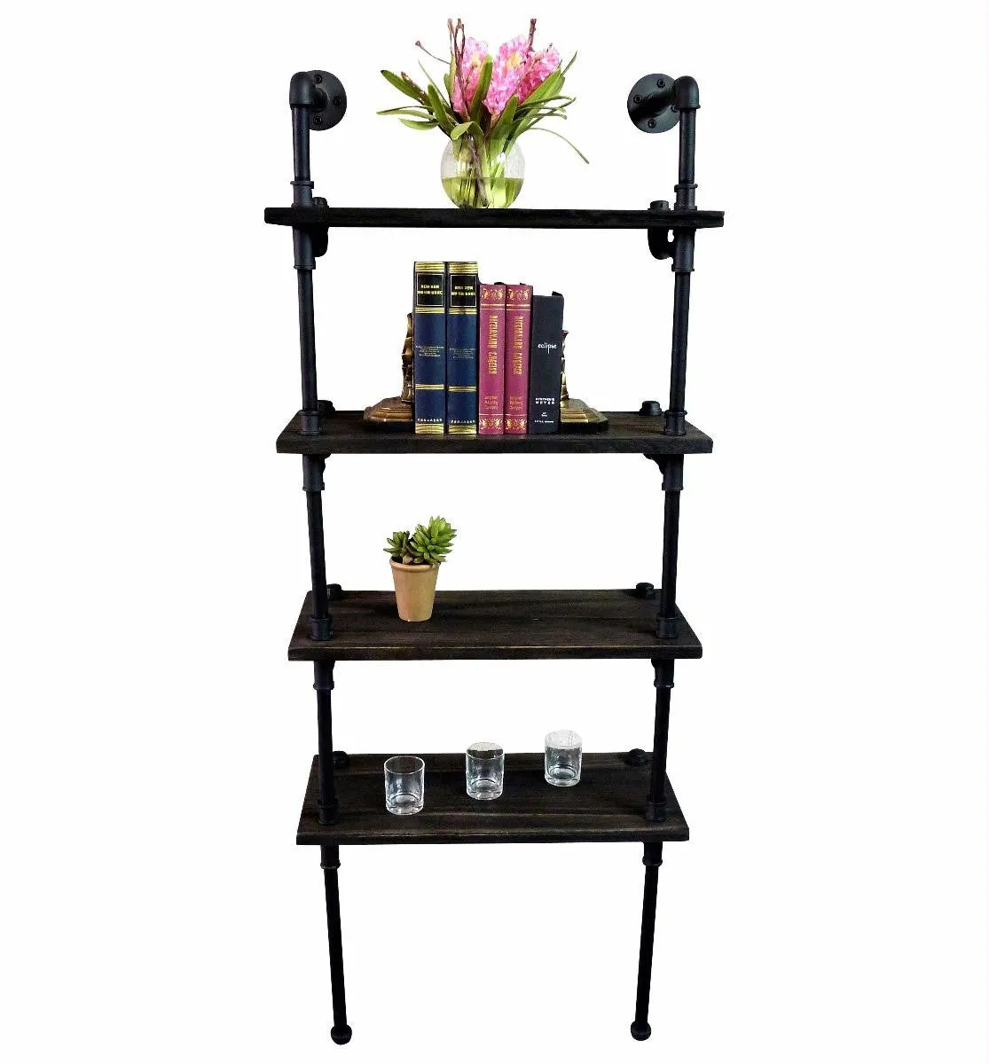 Sacramento Industrial  80-inch Tall Wall Mounted 4-shelf Open Etagere Pipe Bookcase  Metal With Reclaimed Wood Finish