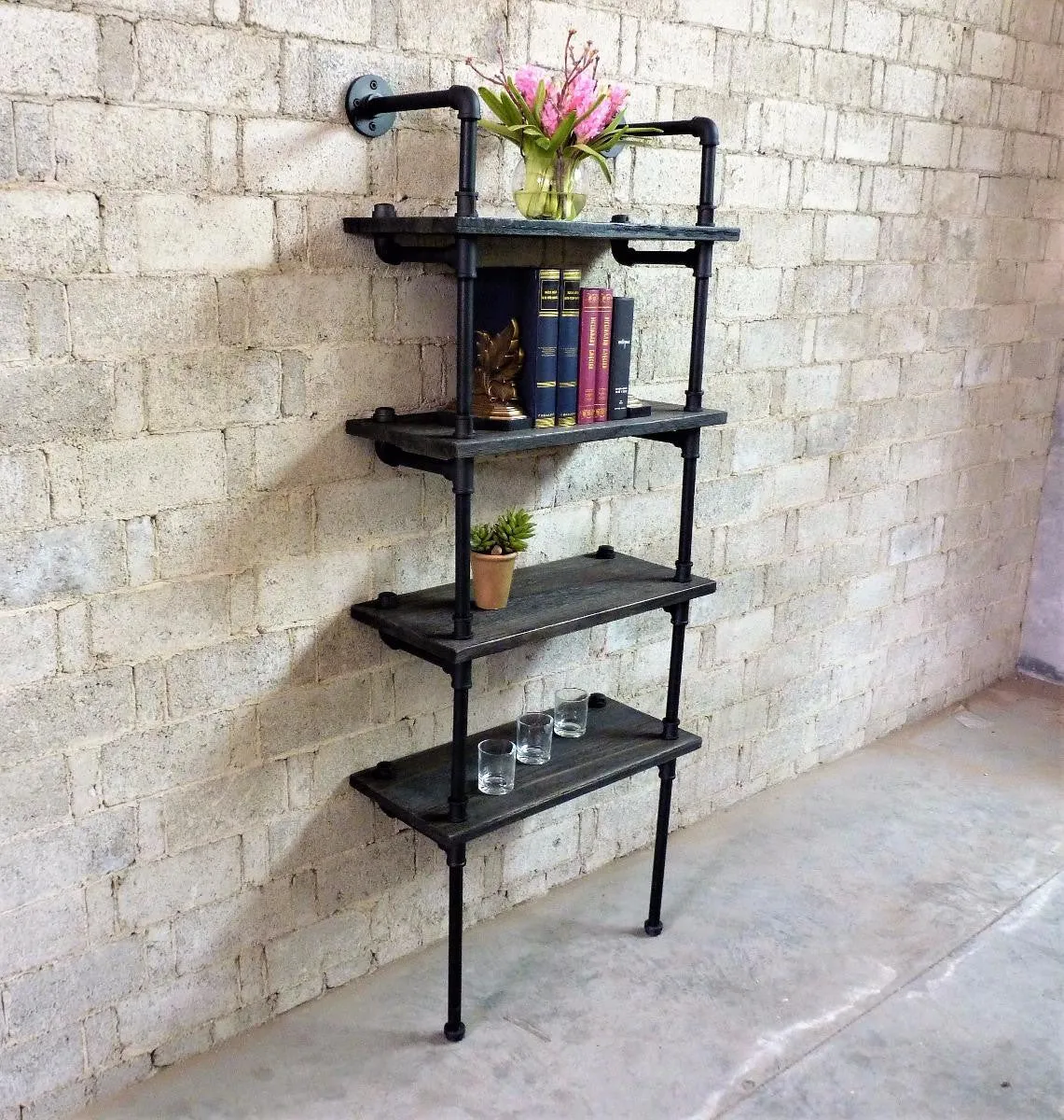 Sacramento Industrial  80-inch Tall Wall Mounted 4-shelf Open Etagere Pipe Bookcase  Metal With Reclaimed Wood Finish