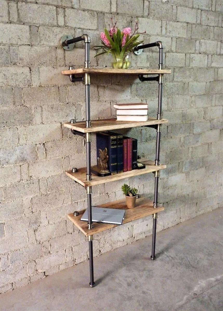 Sacramento Industrial  80-inch Tall Wall Mounted 4-shelf Open Etagere Pipe Bookcase  Metal With Reclaimed Wood Finish