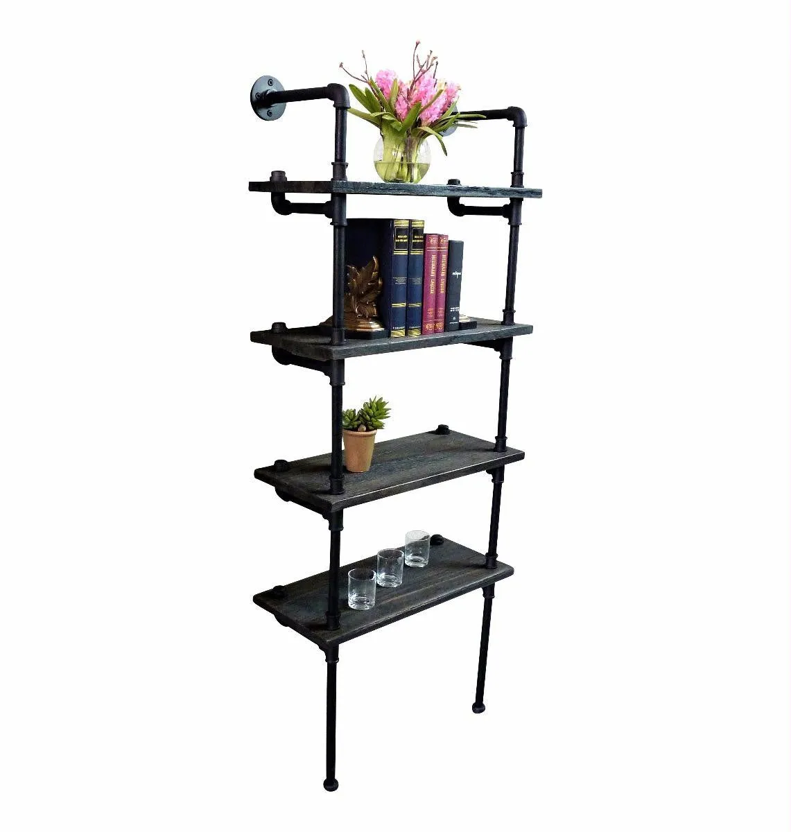 Sacramento Industrial  80-inch Tall Wall Mounted 4-shelf Open Etagere Pipe Bookcase  Metal With Reclaimed Wood Finish