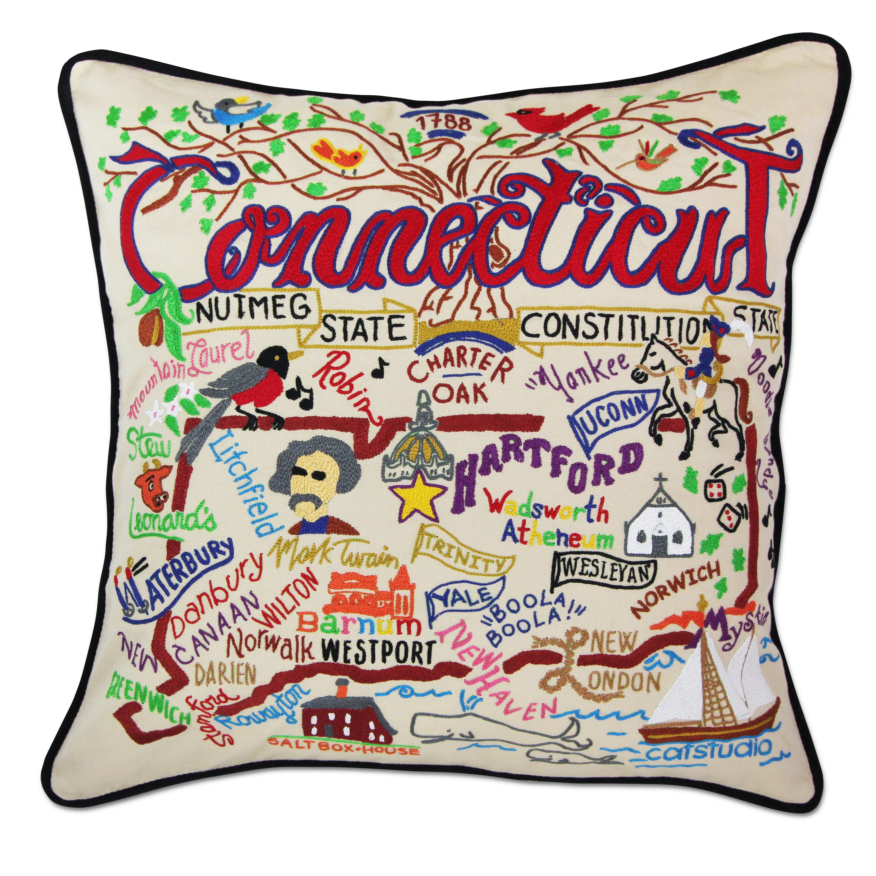 State of Connecticut Hand-Embroidered Pillow