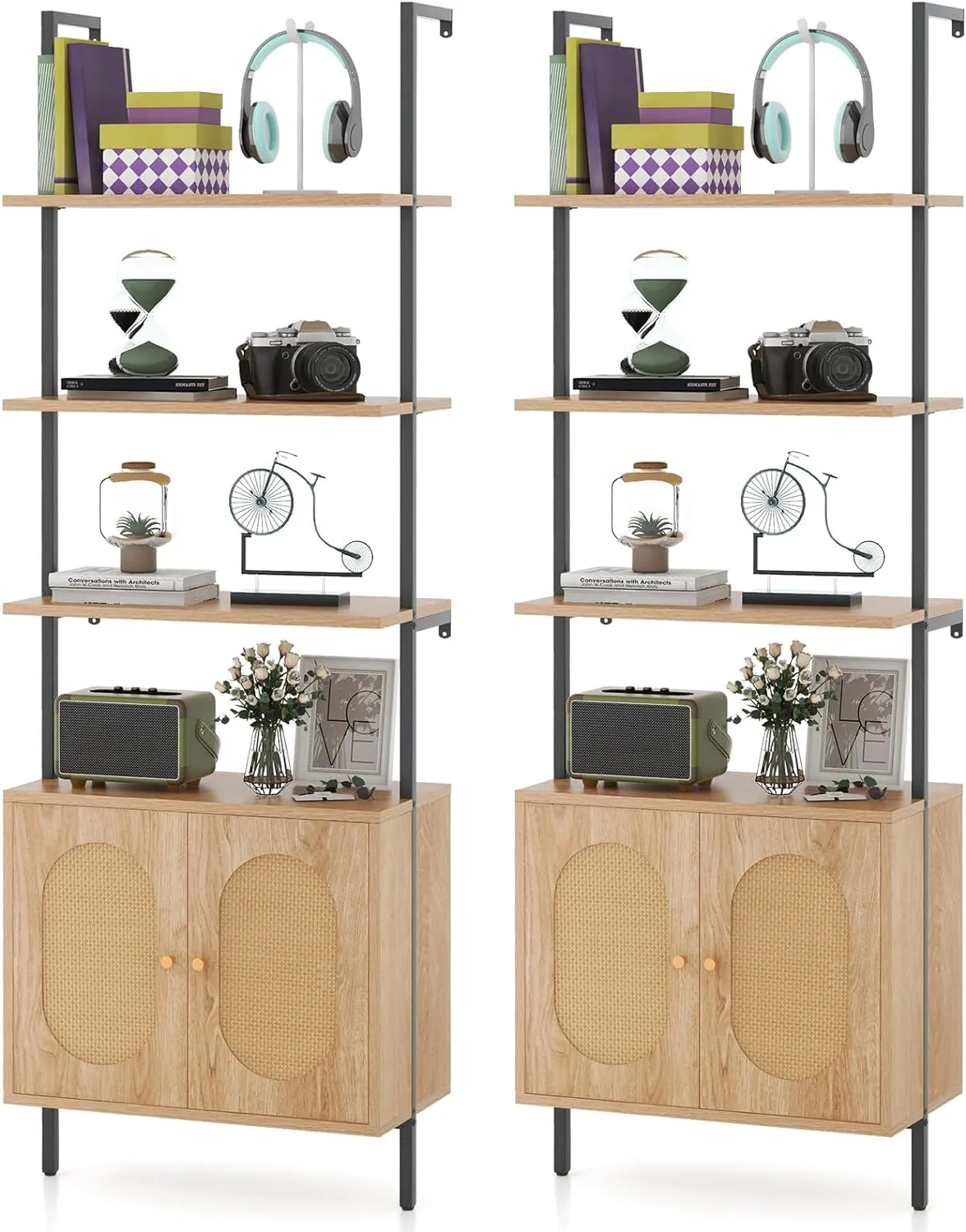 Tangkula 71"H Ladder Bookshelf with Cabinet, Farmhouse 6-Tier Wall Mounted Bookcase with Rattan Cabinet & Metal Frame