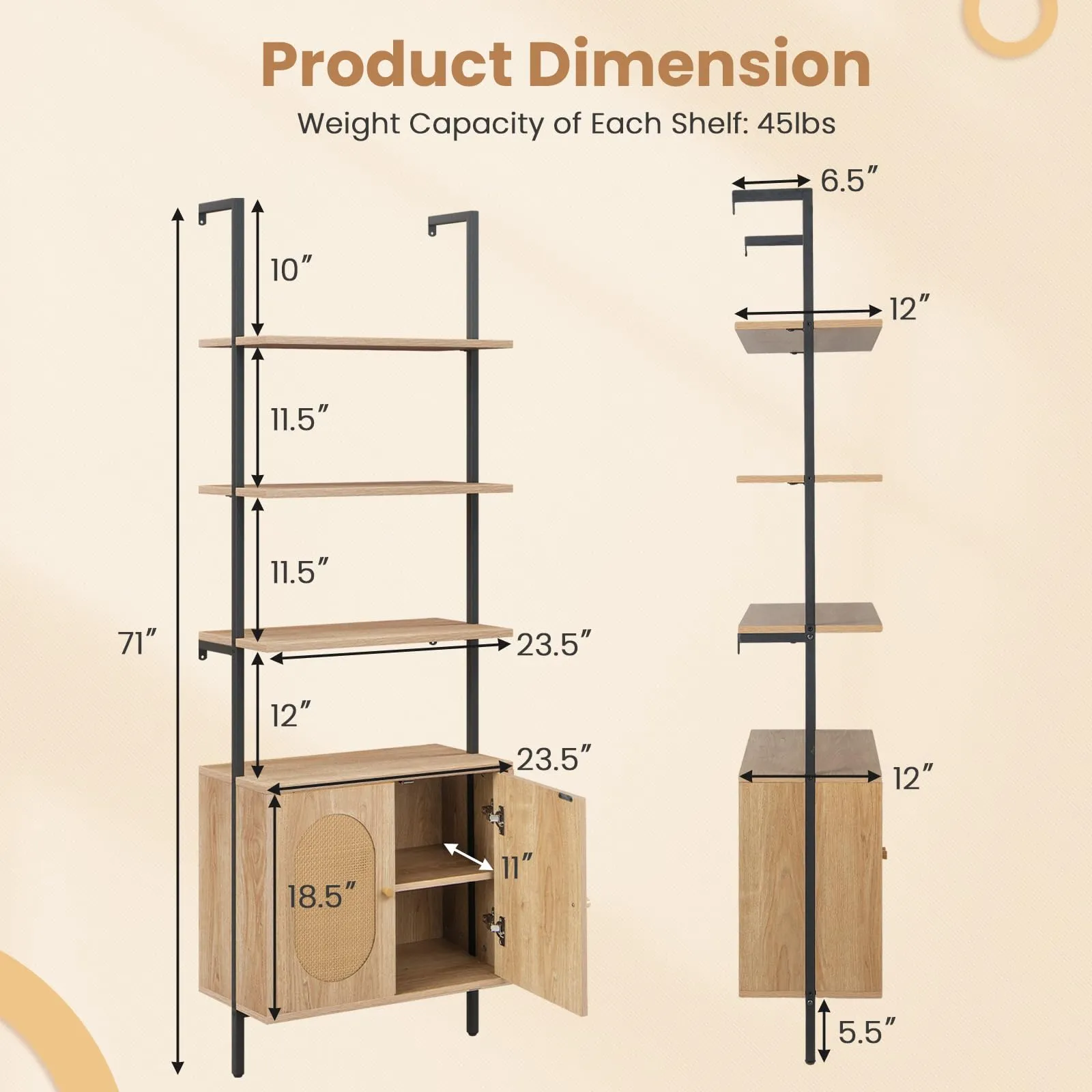 Tangkula 71"H Ladder Bookshelf with Cabinet, Farmhouse 6-Tier Wall Mounted Bookcase with Rattan Cabinet & Metal Frame