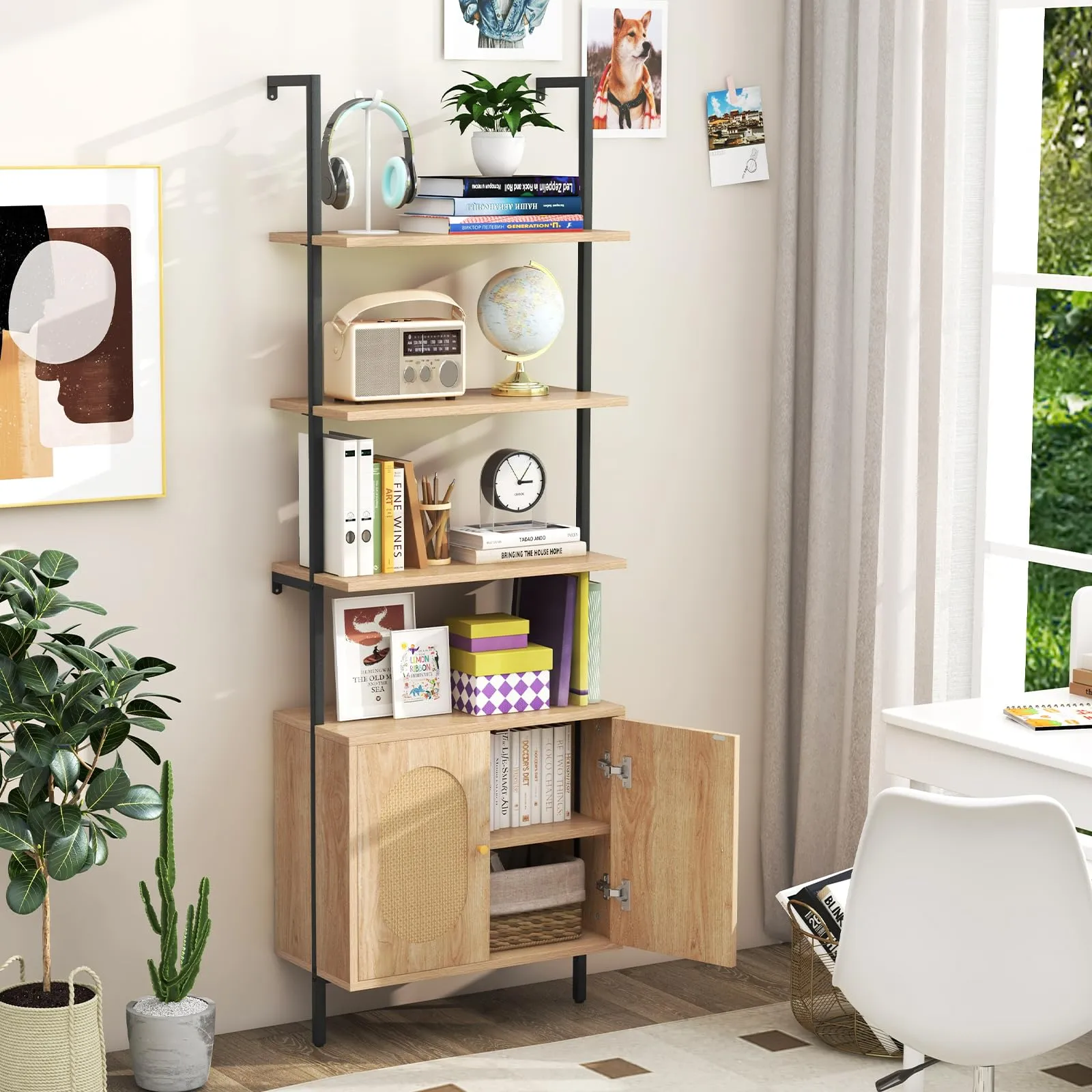 Tangkula 71"H Ladder Bookshelf with Cabinet, Farmhouse 6-Tier Wall Mounted Bookcase with Rattan Cabinet & Metal Frame