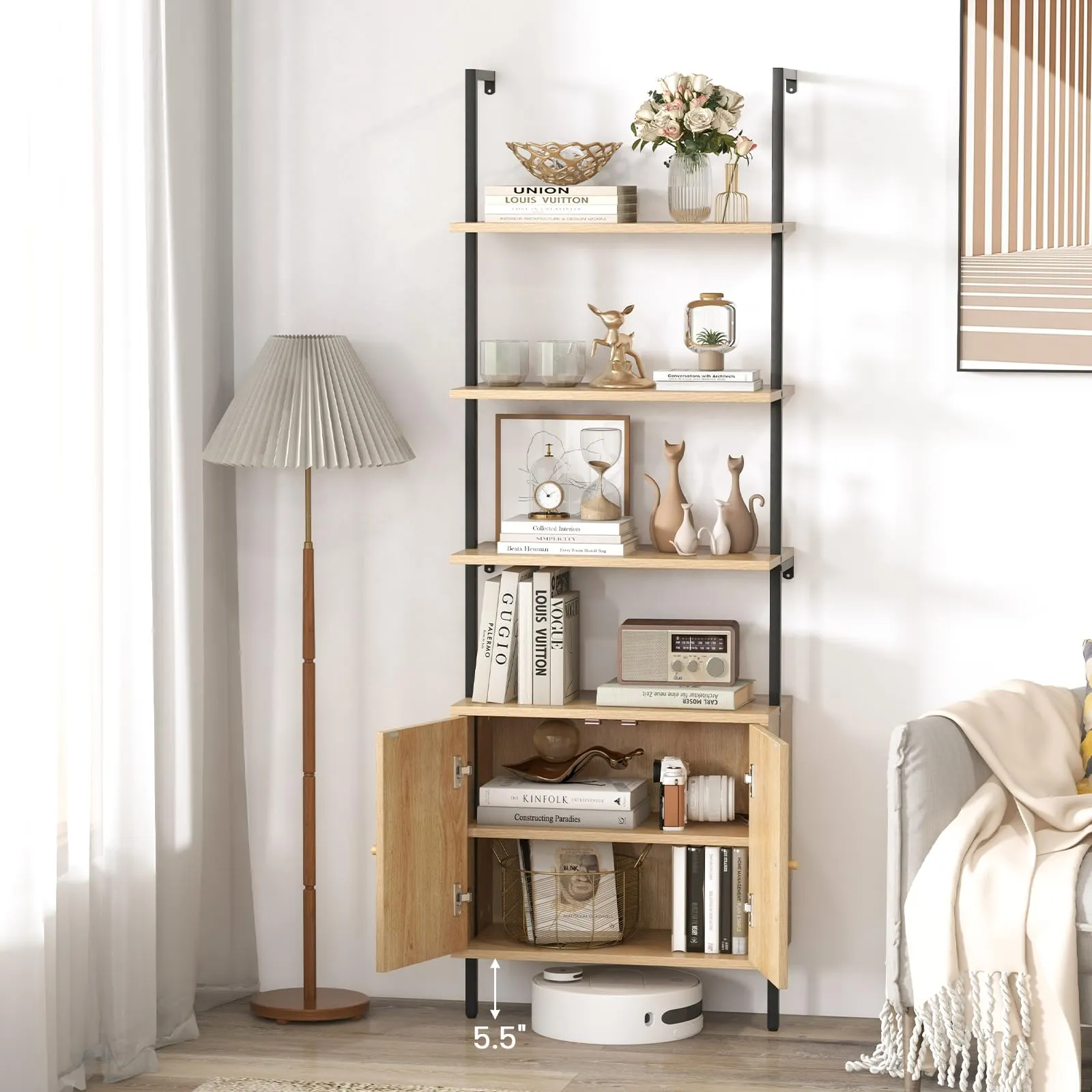 Tangkula 71"H Ladder Bookshelf with Cabinet, Farmhouse 6-Tier Wall Mounted Bookcase with Rattan Cabinet & Metal Frame