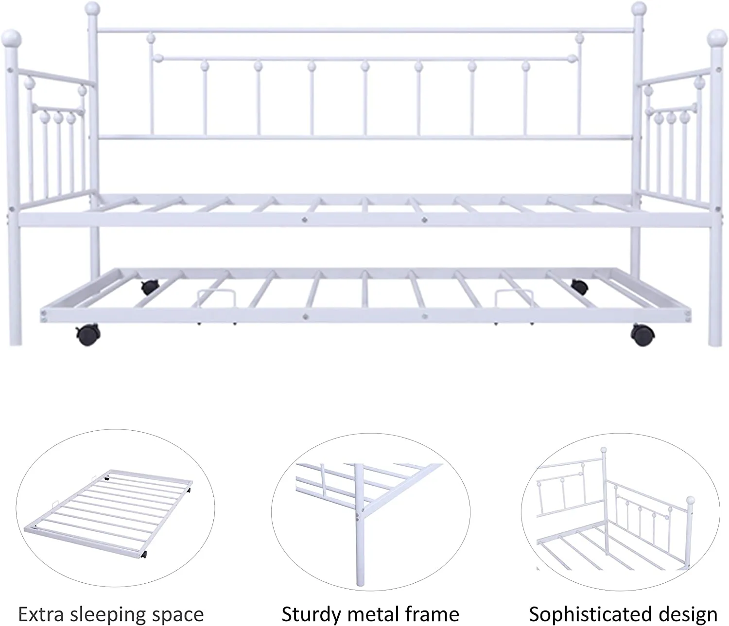 Twin Daybed with Trundle Metal Guest Bed Frame for Living Room