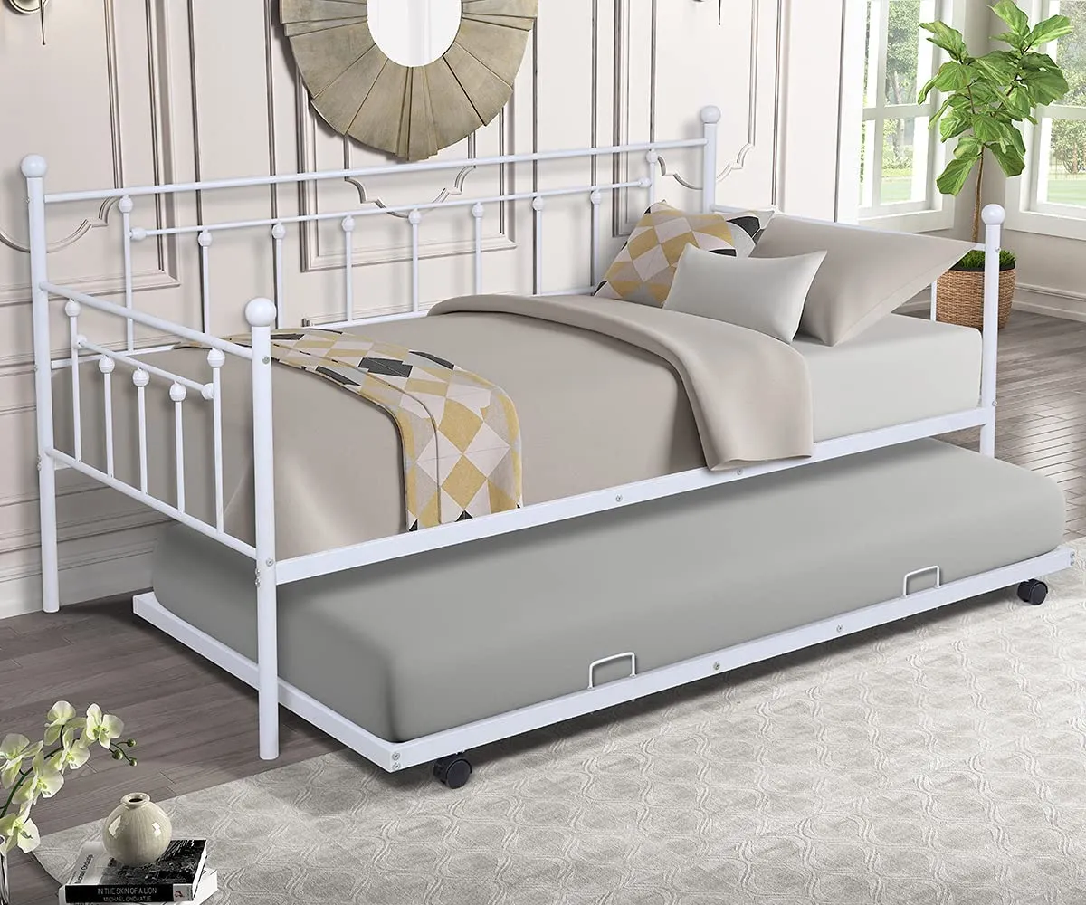 Twin Daybed with Trundle Metal Guest Bed Frame for Living Room