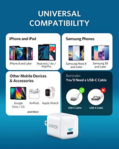 USB C Charger, Anker Nano Charger PIQ 3.0 Durable Compact Fast Charger, PowerPort III for iPhone 12/12 Mini/12 Pro/12 Pro Max/11, Galaxy, Pixel 4/3, iPad Pro (Cable Not Included)