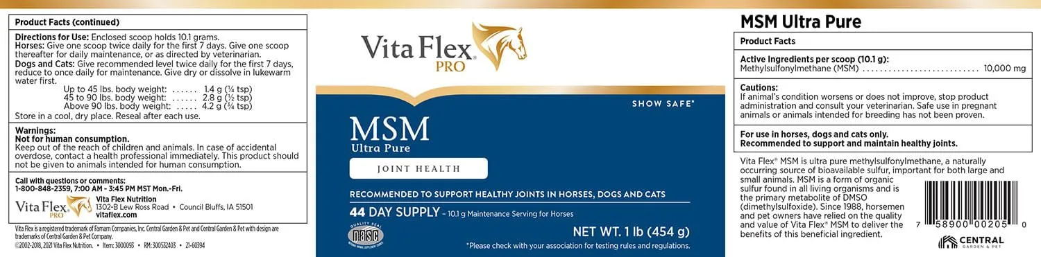 Vita Flex Pro MSM Quality Joint Supplement for Horses, Dogs and Cats