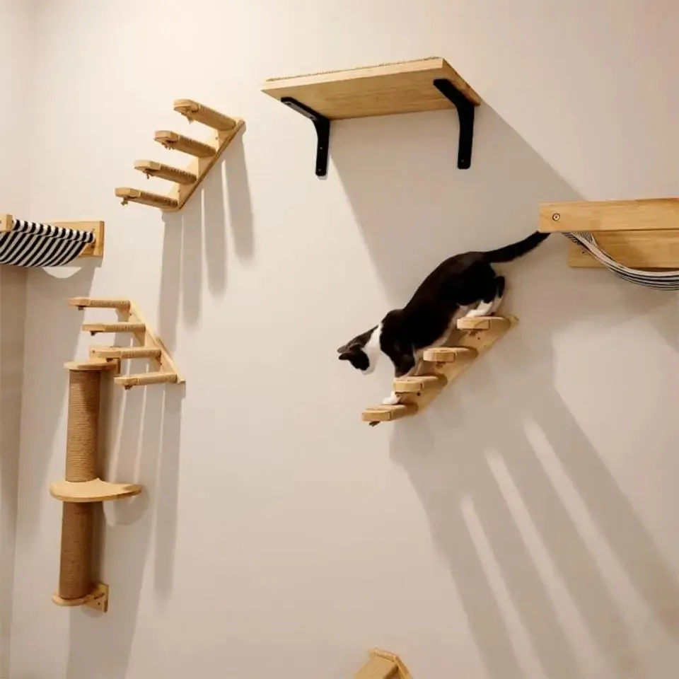 Wall-Mounted Wooden Cat Climbing Shelves - Four-Step Stair with Hammock