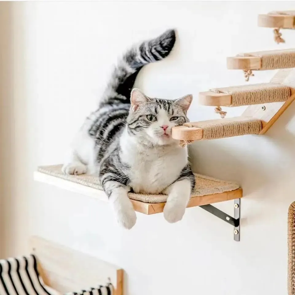 Wall-Mounted Wooden Cat Climbing Shelves - Four-Step Stair with Hammock