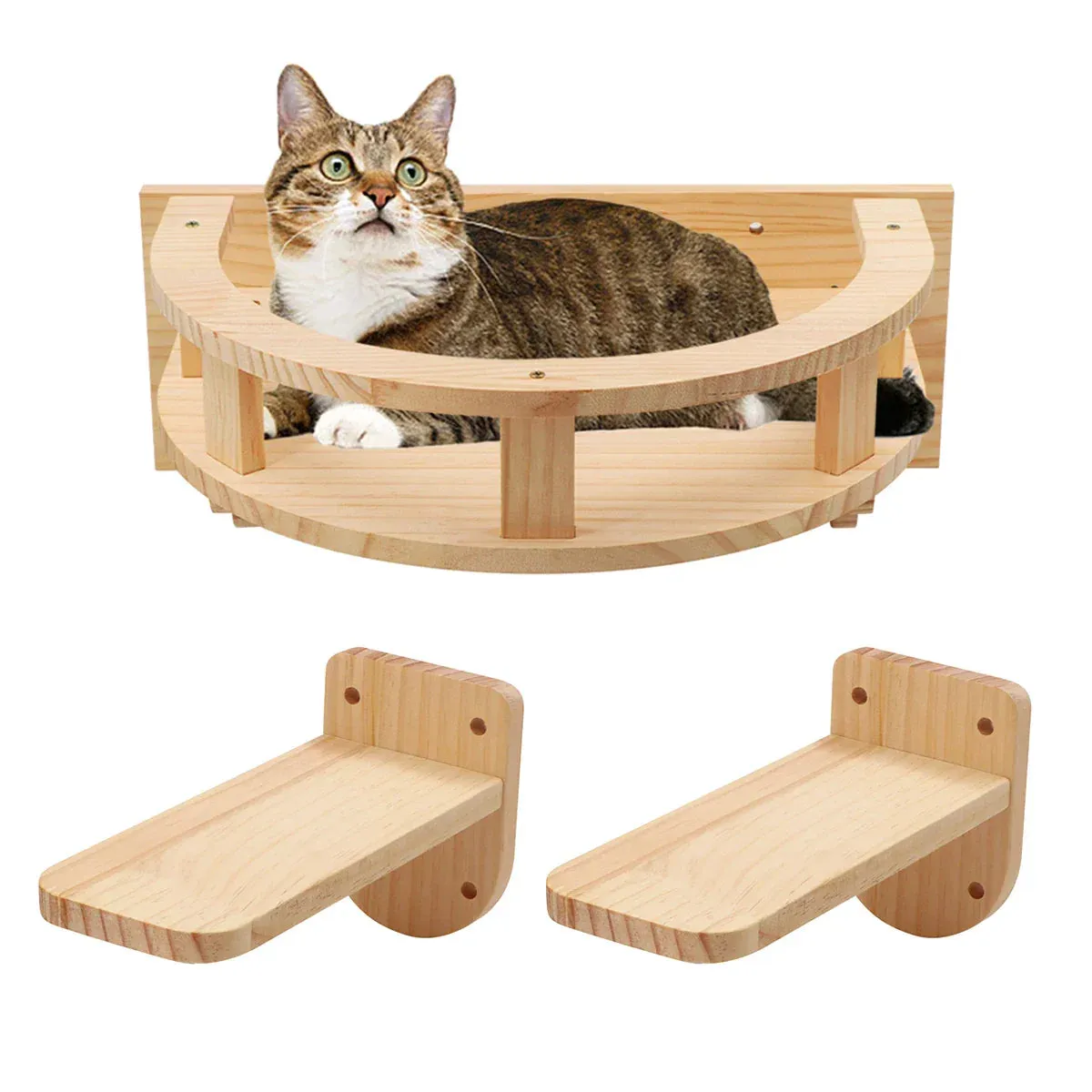 Wall-Mounted Wooden Cat Climbing Shelves - Four-Step Stair with Hammock