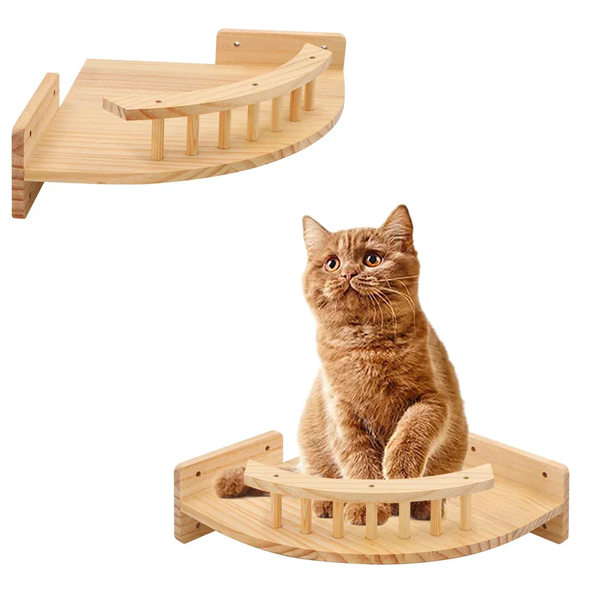 Wall-Mounted Wooden Cat Climbing Shelves - Four-Step Stair with Hammock