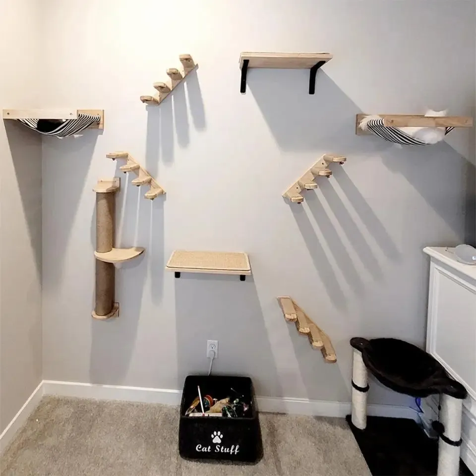 Wall-Mounted Wooden Cat Climbing Shelves - Four-Step Stair with Hammock