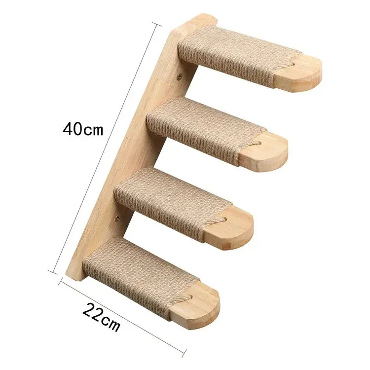 Wall-Mounted Wooden Cat Climbing Shelves - Four-Step Stair with Hammock