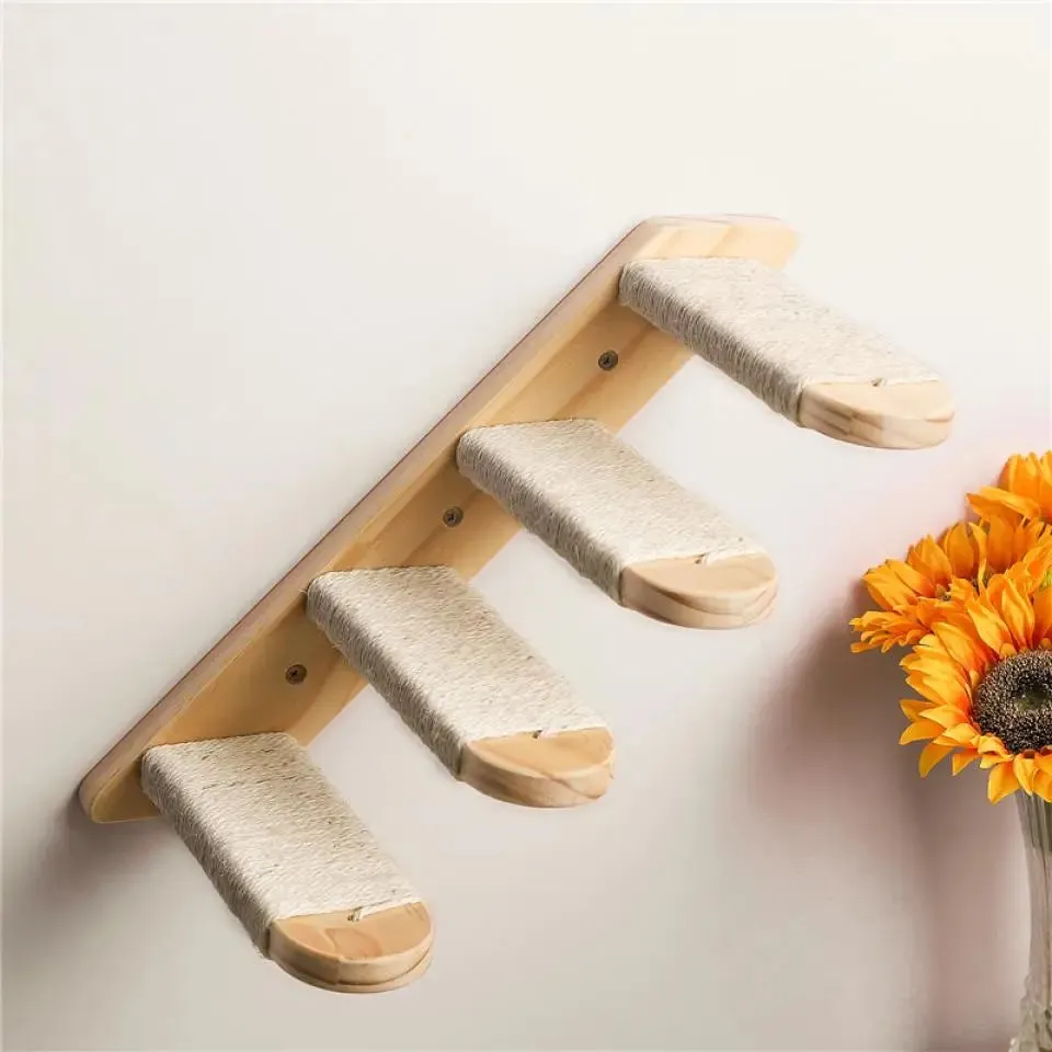 Wall-Mounted Wooden Cat Climbing Shelves - Four-Step Stair with Hammock