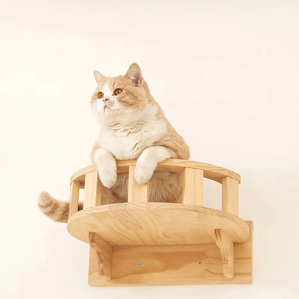 Wall-Mounted Wooden Cat Climbing Shelves - Four-Step Stair with Hammock